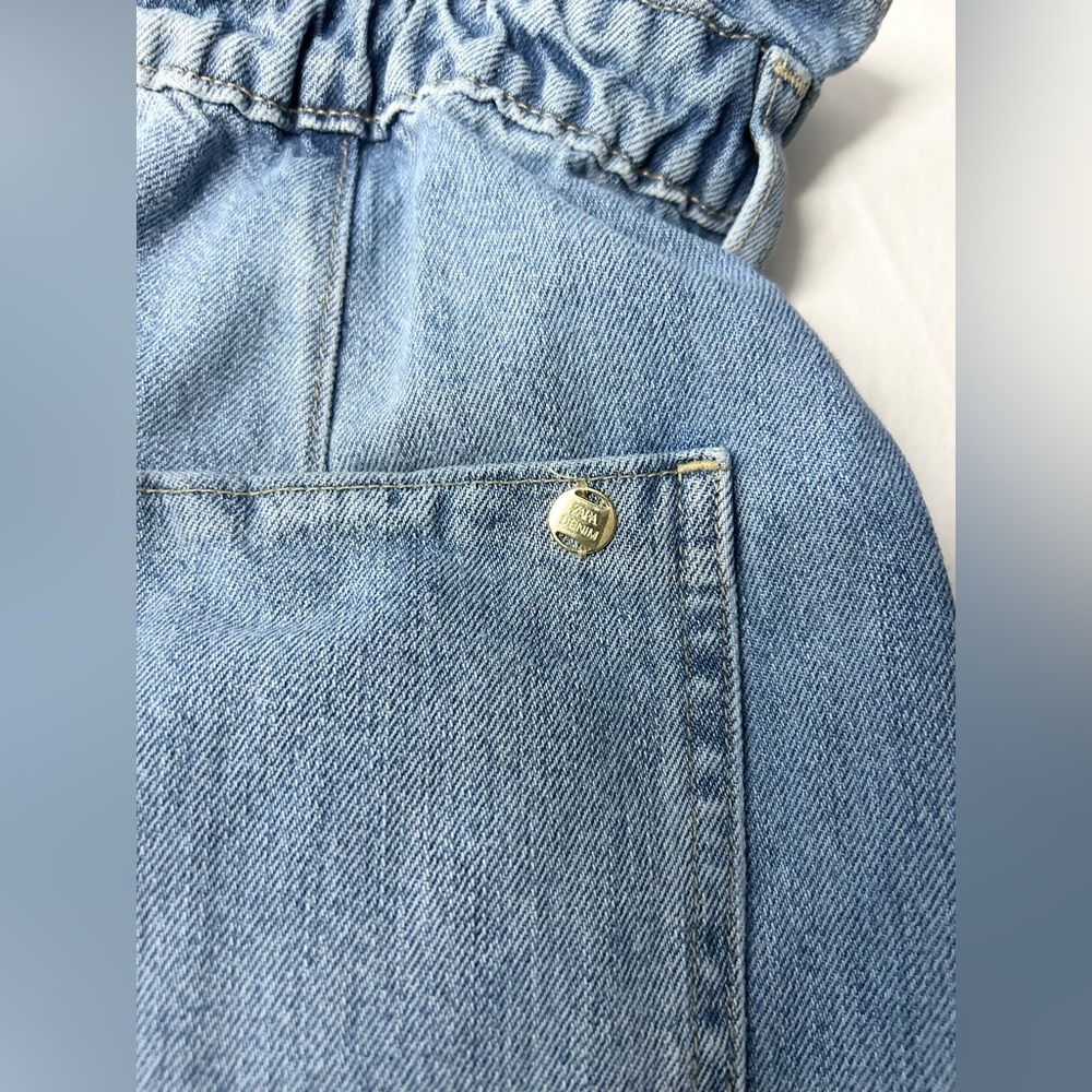Zara Denim Paperbag Shorts Womens 10 Blue High Waist Elastic Relaxed Fit Casual - Picture 12 of 13